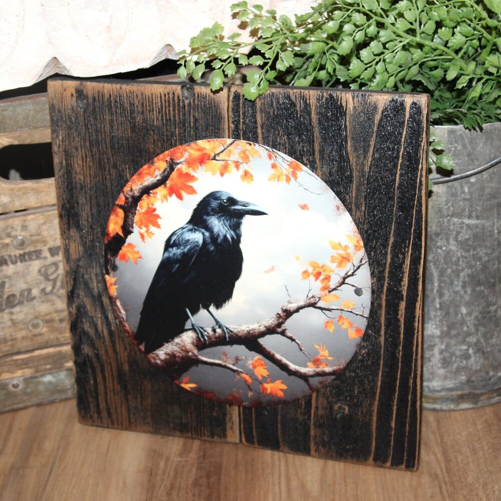 NEW Dark Moody Raven Crow Black Bird Branch Rustic Farmhouse Wall Decor Plaque